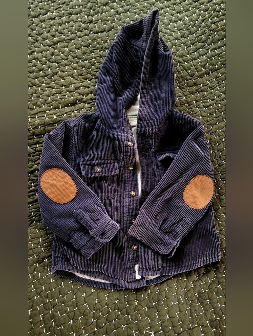 Hope & Henry Navy Organic Cotton Corduroy Hooded Kids Jacket with Elbow Patches-